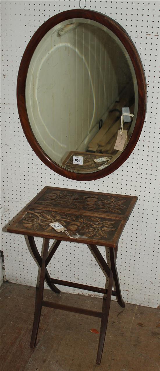 Carved folding card table & oval mirror(-)
